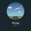 Course cover for "Flying 101." Inside a circle, a small cream-and-red high-wing propeller plane climbs into a blue sky with scattered white clouds. A dashed white line traces its takeoff path back down to the center line of a runway stretching between green fields.