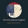 Course cover for "The Great American Songbook: Rodgers and Hammerstein." A circle is split in two beneath a red stage curtain. On the left, gold musical notes float above piano keys on a deep blue background. On the right, a fountain pen writes lines of script on cream ruled paper.